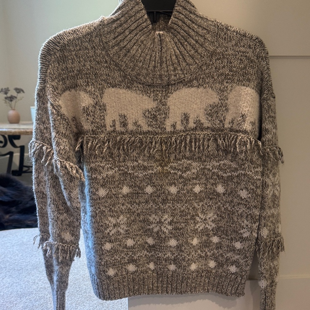 LOFT Gray and Cream Knit Sweater with Bear Pattern